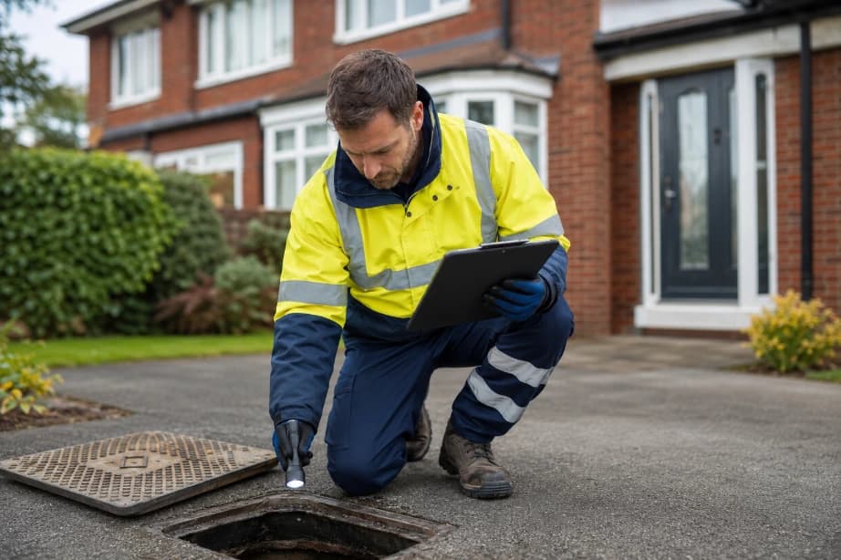 Technician conducting a homebuyer drain survey outside a UK home